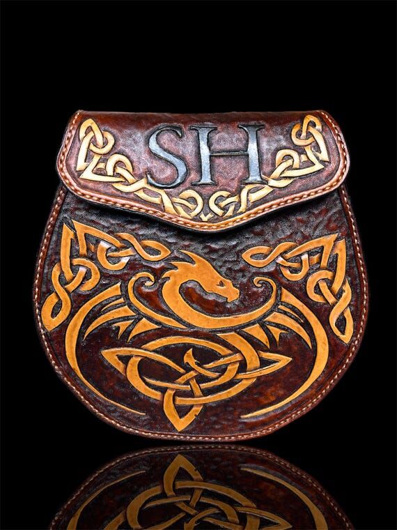 Custom Handmade Leather Sporran Celtic Dragon...