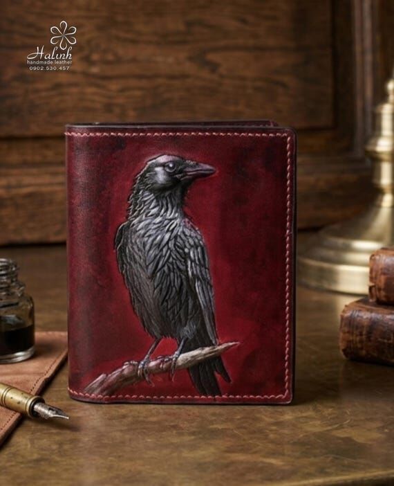Hand Carved Black Raven Leather Wallet, Red P...