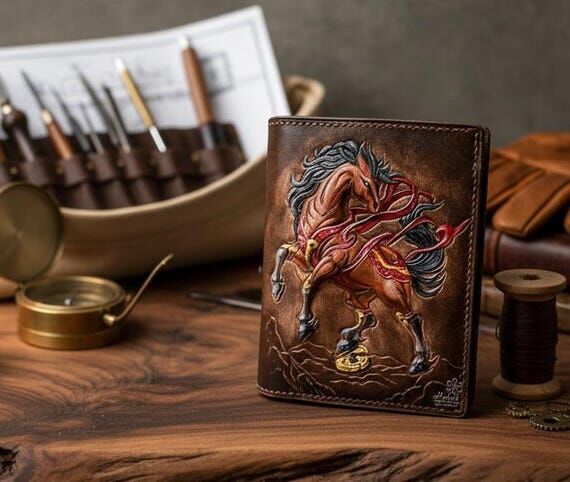 Handcrafted 3D Horse Carved Leather Vertical ...