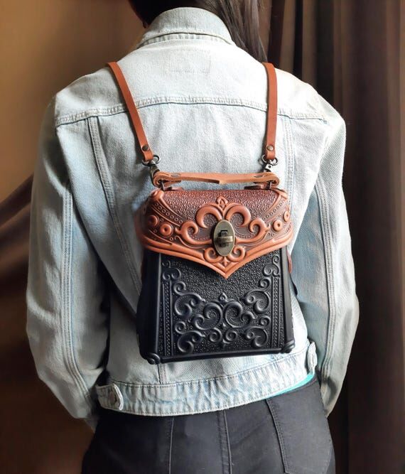 Embossed Genuine Leather Mini Backpack, Foxy-...