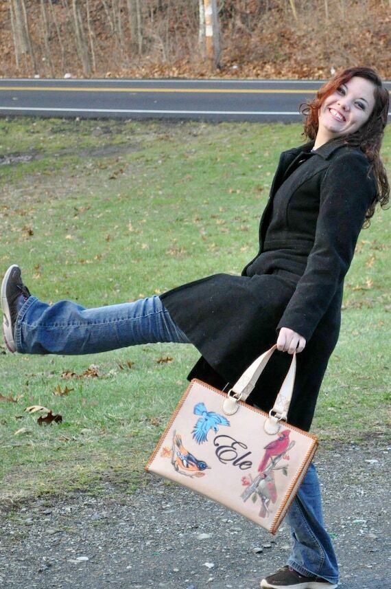 Handcarved Leather tote bag with songbirds ca...