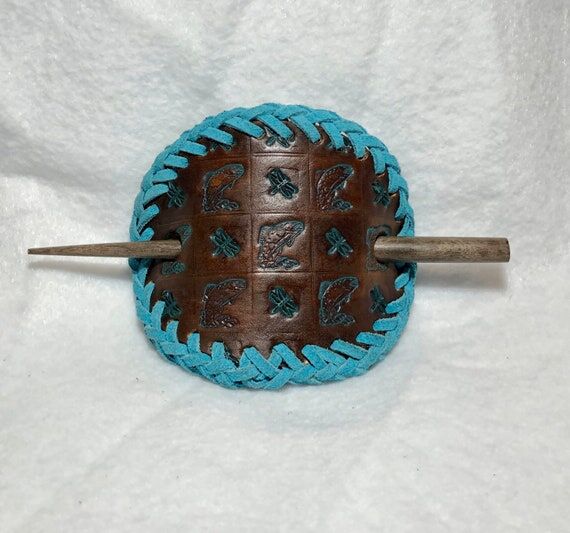 Handmade leather trout and dragonfly hair sti...