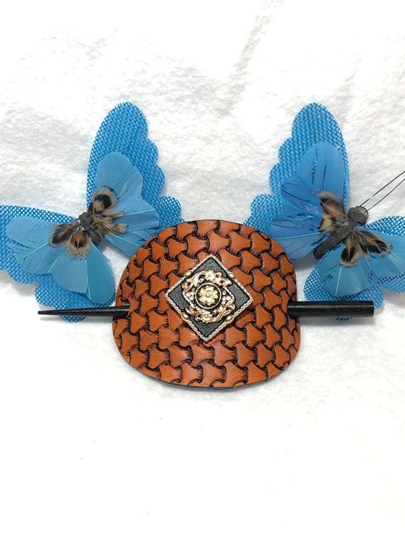Handmade leather hair stick barrette...