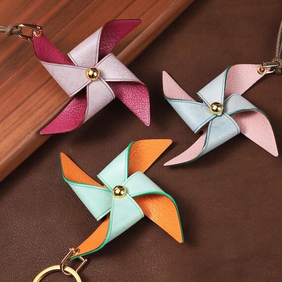 Bag Charm Leather Pinwheel Full Grain Cowhide...