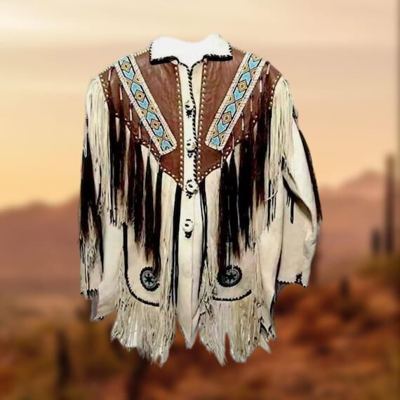 Men's Suede Leather Fringe Jacket: Beaded Wes...