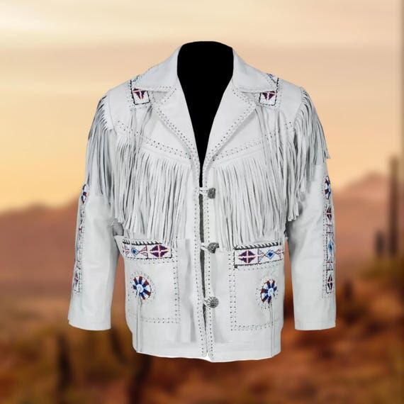 Handmade White Leather Fringe Jacket: Western...