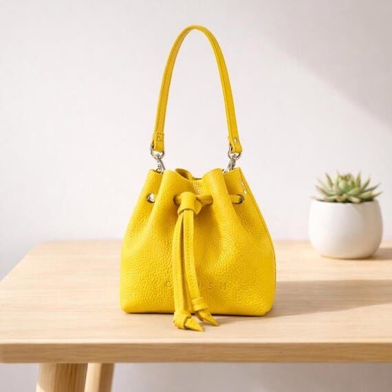 Leather Bucket Bag, Minimalist Drawstring Pur...