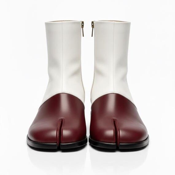 Handmade Leather Tabi Boots: Red & White Spli...