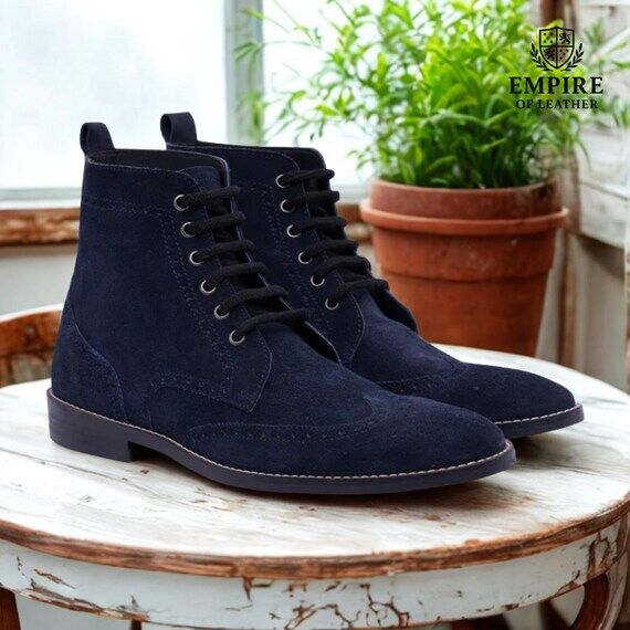 Handmade Suede Brogue Boots: Navy Blue Leathe...