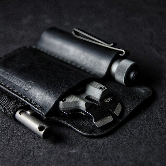 Leather EDC Pocket Organizer, Knife, Flashlig...