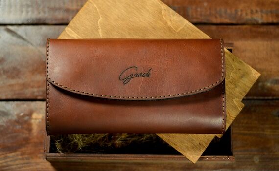 Handmade Brown Leather Clutch Wallet: Persona...