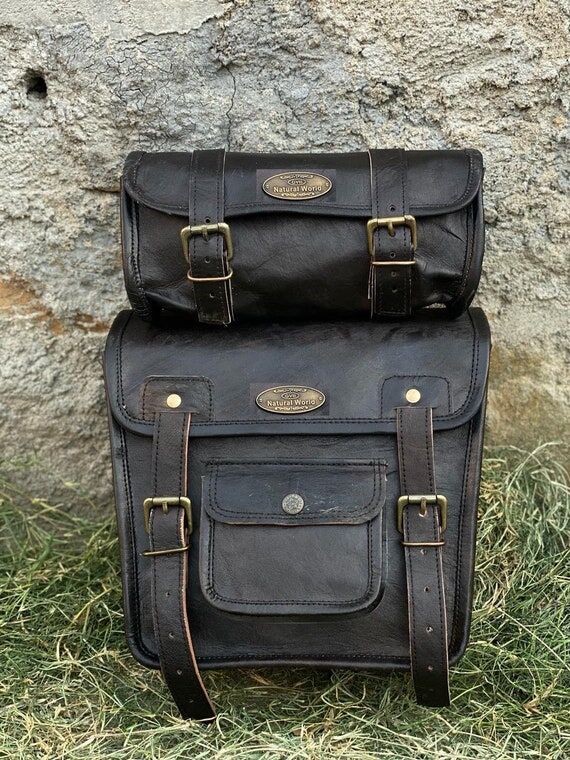 Leather Saddlebags Motorcycle fork tool Bag P...