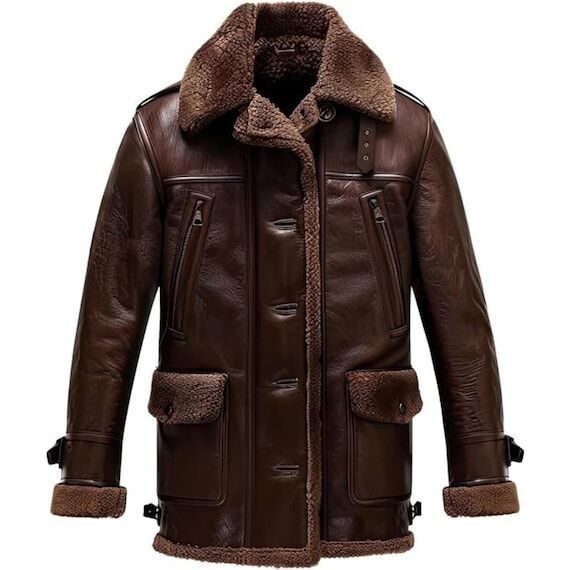 Men's Brown Shearling Leather Aviator Jacket:...