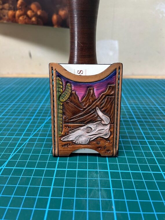 Hand Tooled Leather Card Wallet with Desert S...
