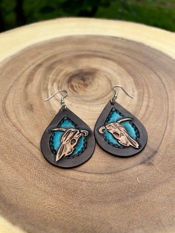 Hand Tooled Leather Earrings with Cow Skull...