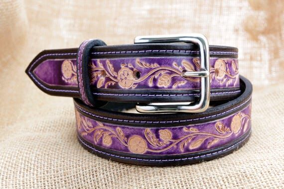 Handmade Purple and Black Floral Leather Belt...