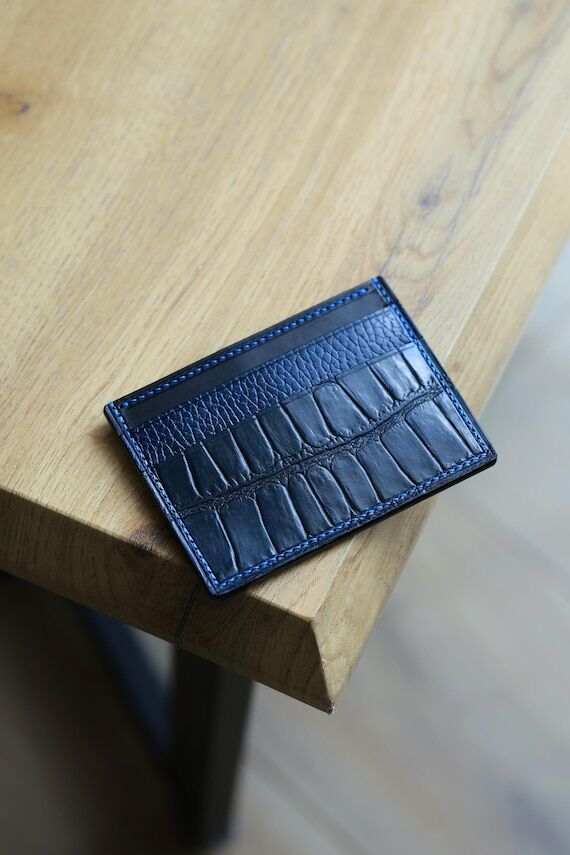 Black Buttero Card Holder, Navy Croco Embosse...