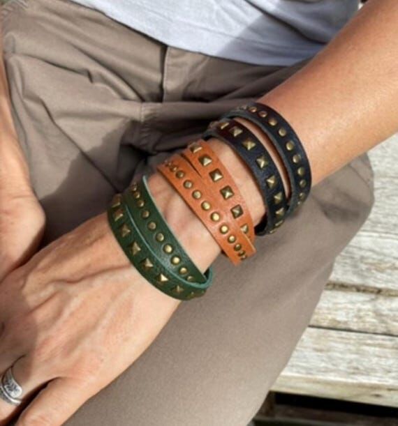 Double Wrap Leather Bracelet with Brass Pyram...