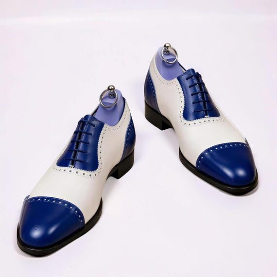 Handmade Blue White Leather Wingtip Dress Sho...