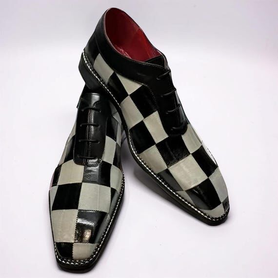 Handmade Men’s Black White Leather Checkere...