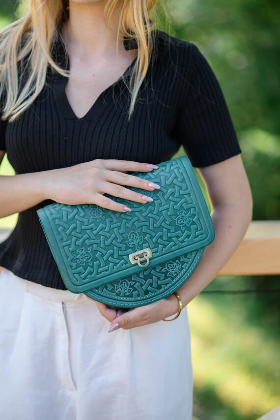 Mint Embossed Leather Crossbody Bag: Handmade...