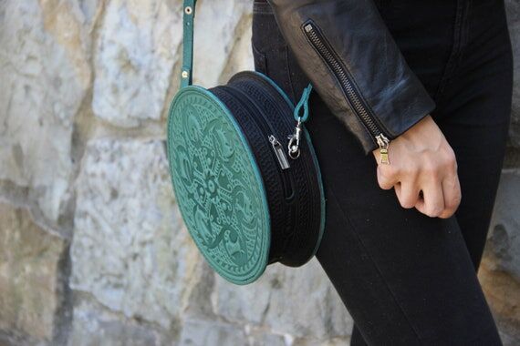 Embossed Mint Leather Round Crossbody Bag: Ha...