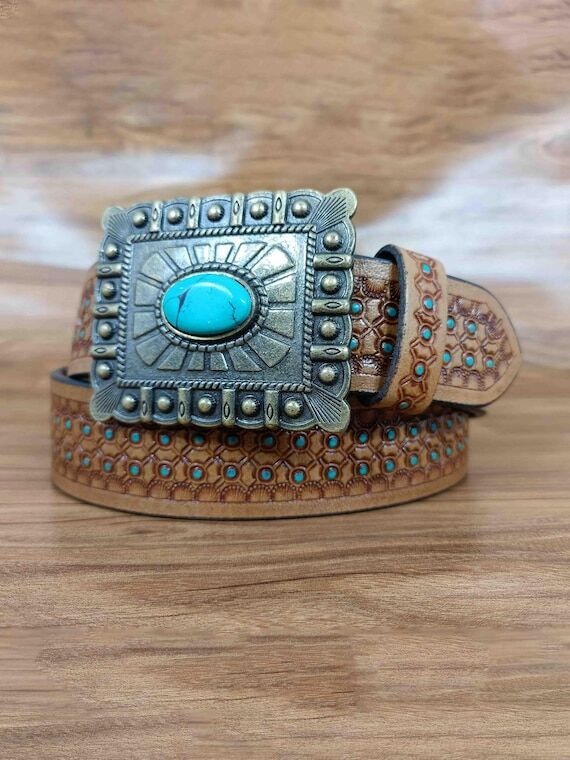 Hand-Carved Honeycomb Leather Belt: Western T...