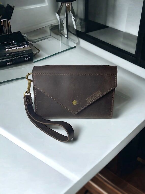 HANDMADE Dark Brown Leather Mens Clutch Bag &...