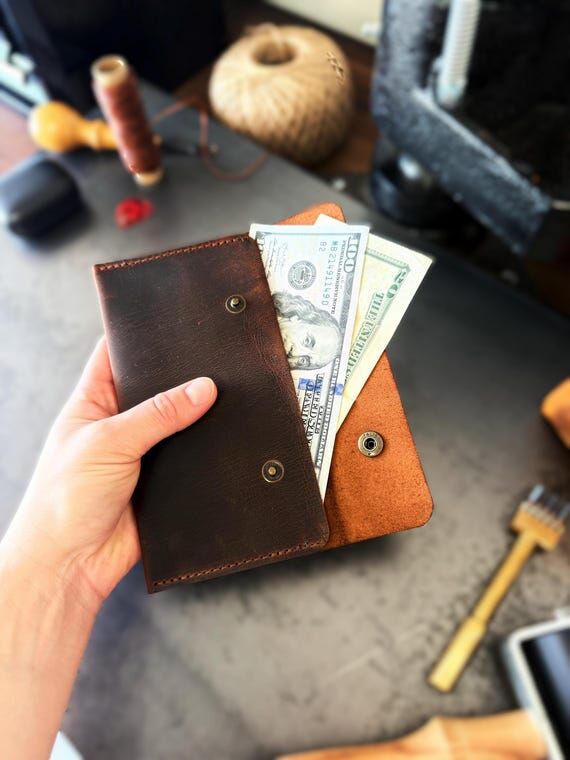 Handmade Leather Cash Envelope, Rustic Wallet...