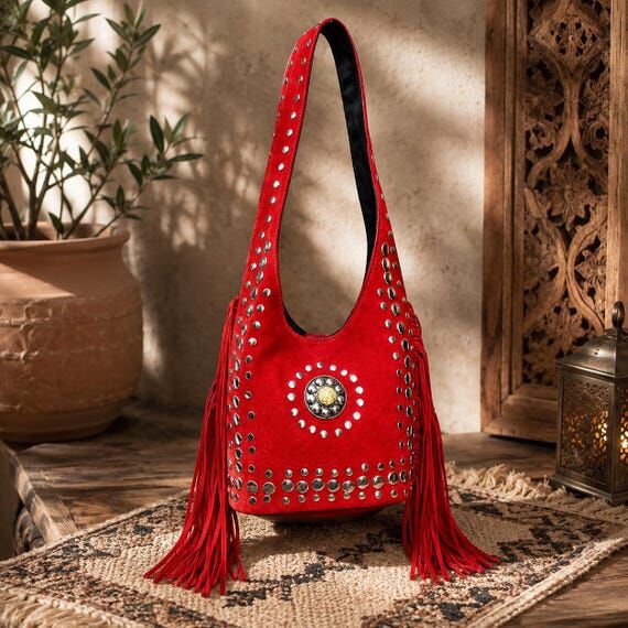 Boho Red Suede Studded Bag with Fringe, Handm...