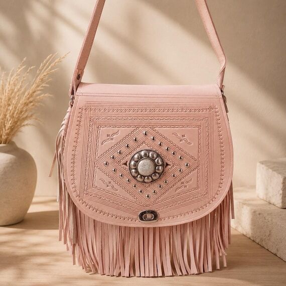 Boho Leather Fringe Bag, Handmade Moroccan Cr...