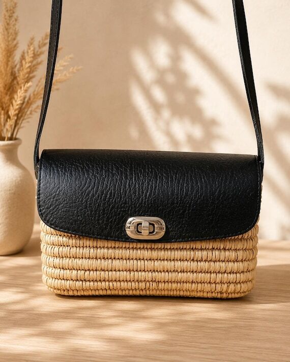 Straw Crossbody Bag with Black Leather Flap, ...