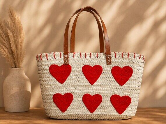 Straw Tote Bag with Red Hearts, Handmade Moro...