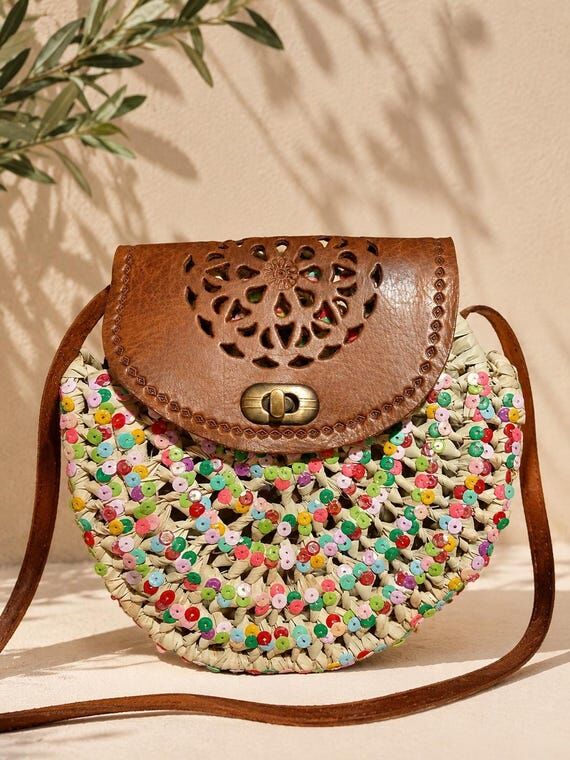 Boho Straw Crossbody Bag, Handmade Moroccan B...