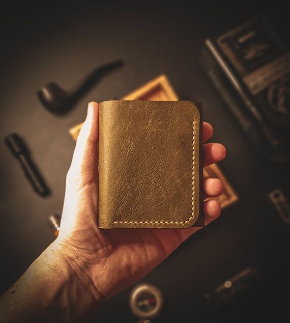 Leather Trifold Olive Wallet , Handcrafted Mi...