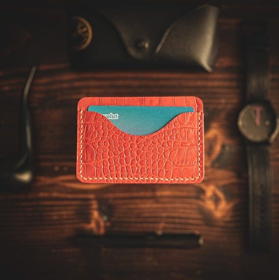 Handmade Coral Croc Embossed Leather Cardhold...