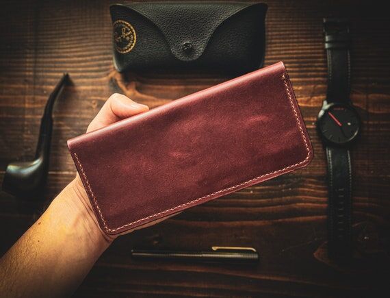 Handsewn Burgundy Leather Wallet: Long Bifold...