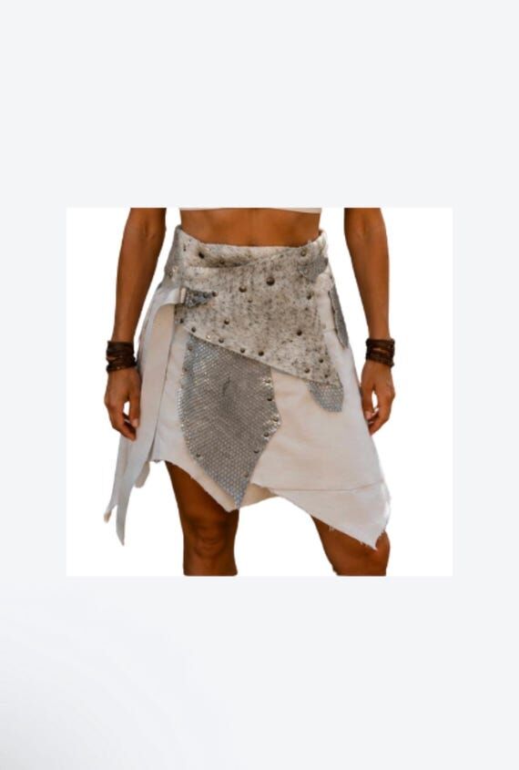White Leather & Fur Skirt with Bag: Adjustabl...