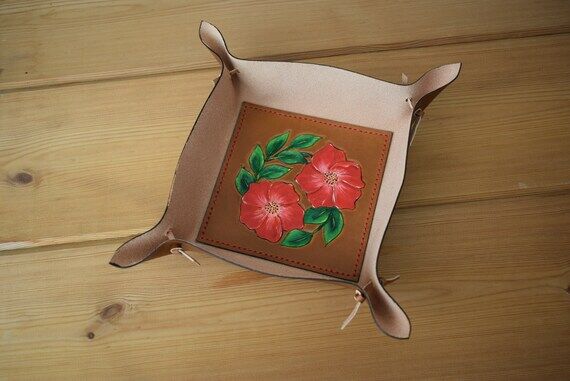 Handmade Tooled Leather Valet Tray, Desk Orga...