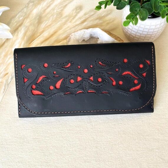 Black and Red Handmade Deep Carved Leather wa...