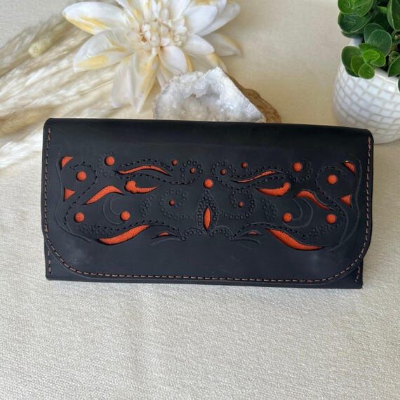 Black and Orange Handmade Tooled Full Grain C...