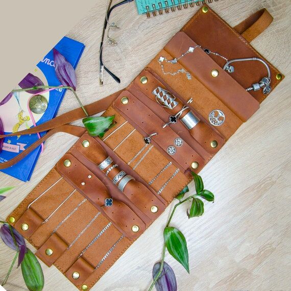 Personalized Leather Jewelry Roll: Travel-Siz...