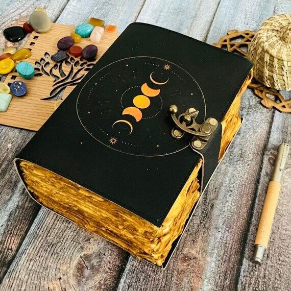Leather Grimoire Journal - Moon Phases, Blank...