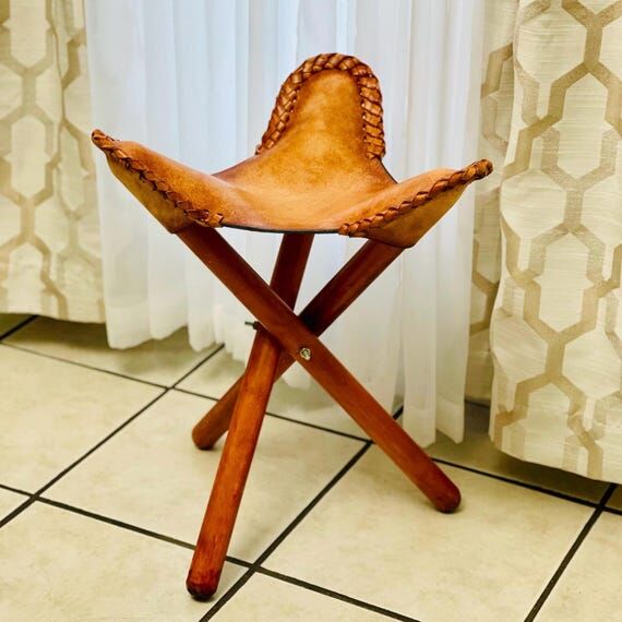Handmade Leather Folding Stool: Brown Wood Ca...