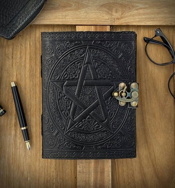 Handmade Black Leather Journal: Embossed Pent...