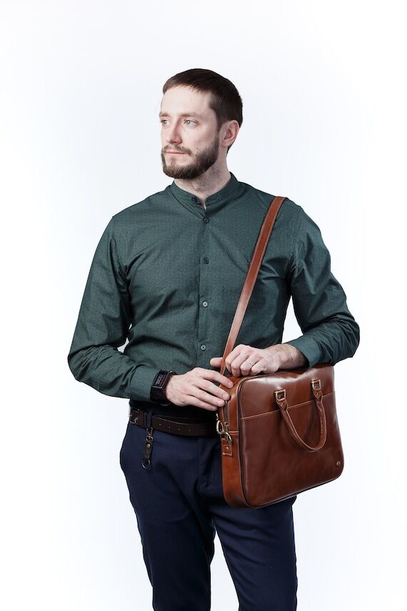 Cognac Leather Briefcase: Full Grain Laptop M...