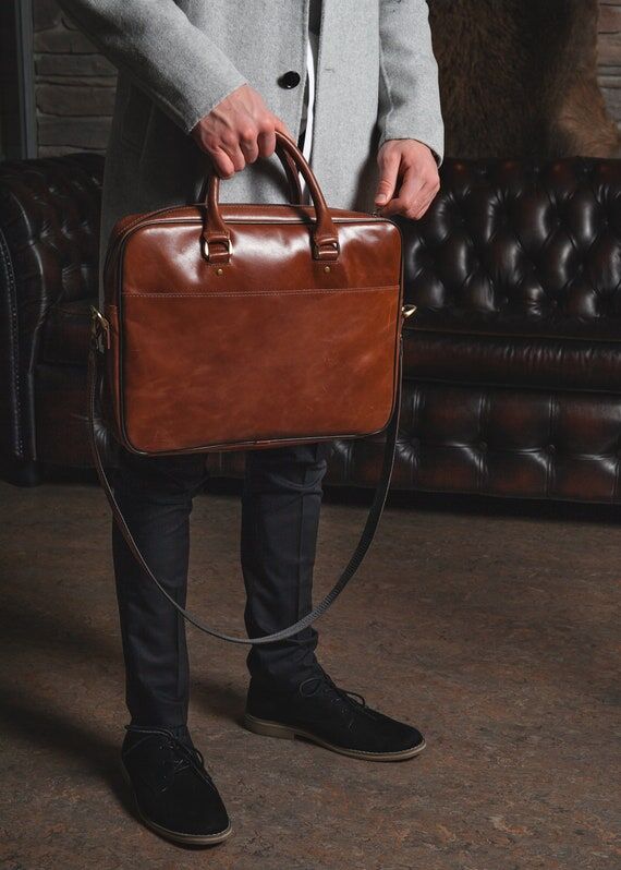Cognac Leather Laptop Bag: Full Grain Leather...