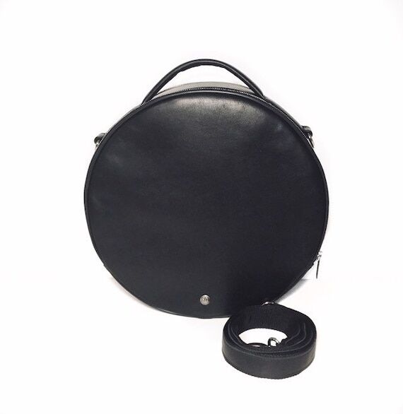 Black Leather Round Crossbody Bag: Personaliz...