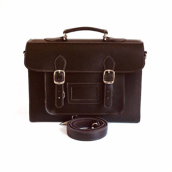 Dark Brown Leather Satchel: British Style Off...