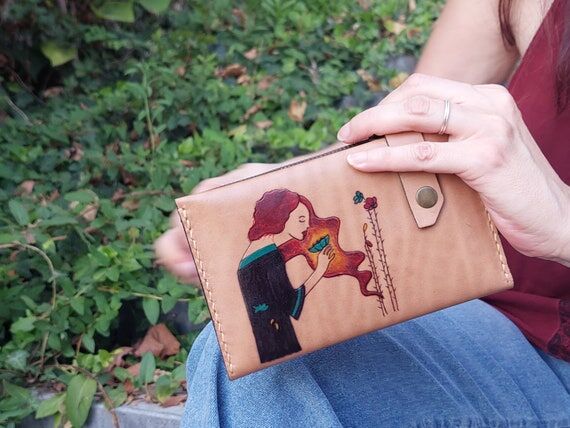 Handmade Leather Wallet: Woman with Flowers, ...